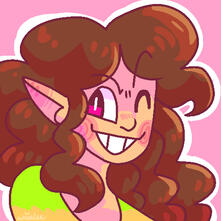 A bust self-portrait of Bee. They are wearing pink and yellow sunglasses and a violet, holding both of them on their head.